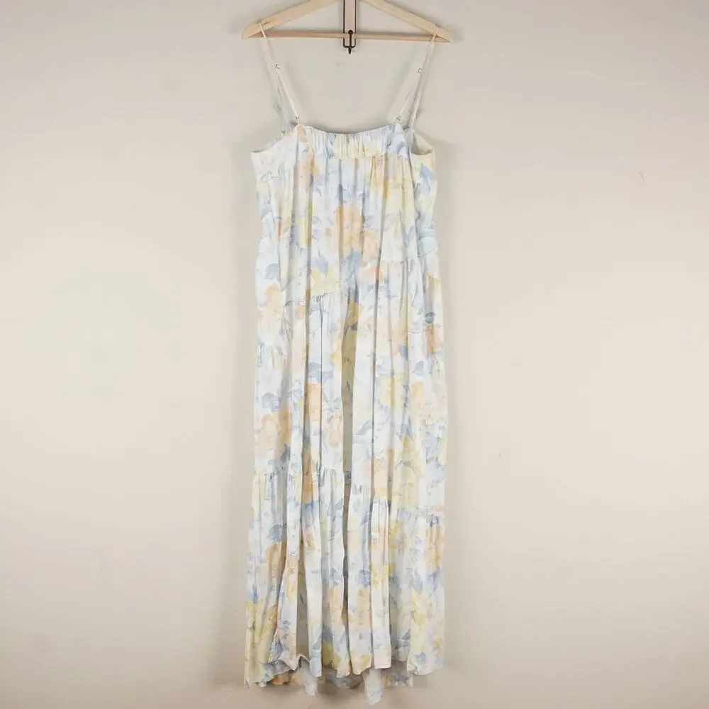 Abercrombie & Fitch Asymmetrical Yellow Blue Floral Linen Tiered Maxi Dress L